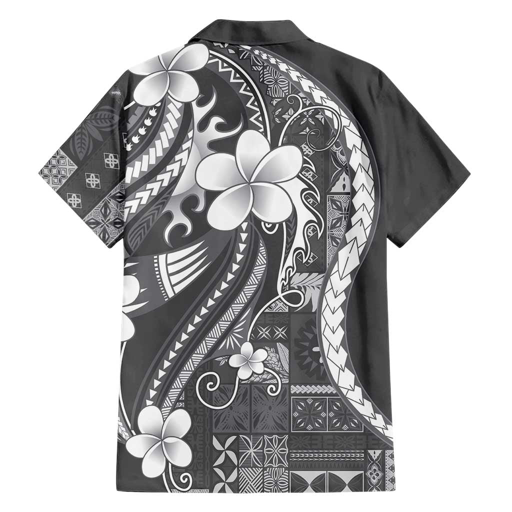 Samoa Siapo Tribal Pattern Family Matching Off Shoulder Maxi Dress and Hawaiian Shirt Light Gray Polynesian Plumeria Tapa Motif LT9 - Polynesian Pride