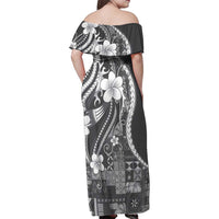 Samoa Siapo Tribal Pattern Family Matching Off Shoulder Maxi Dress and Hawaiian Shirt Light Gray Polynesian Plumeria Tapa Motif LT9 - Polynesian Pride