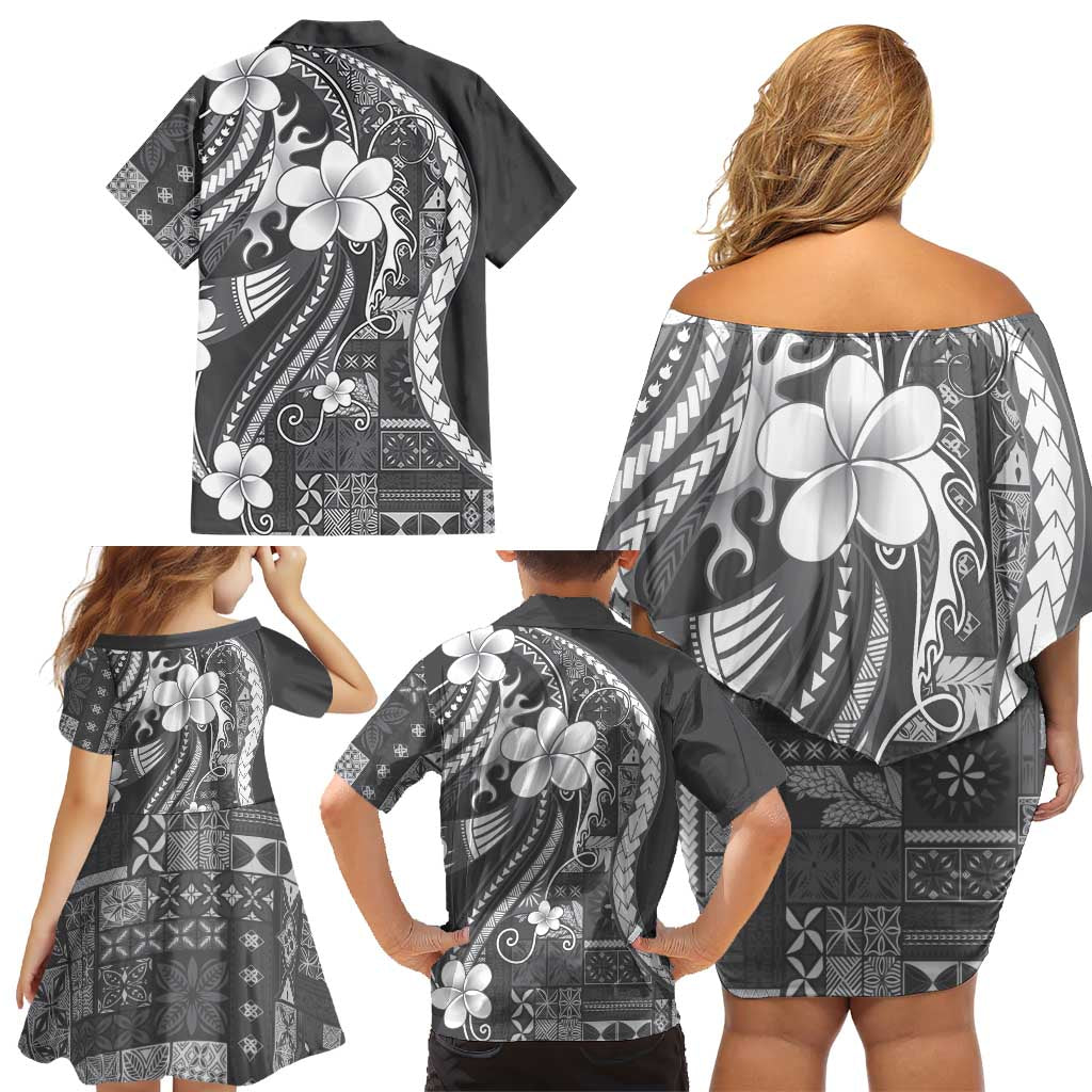 Samoa Siapo Tribal Pattern Family Matching Off Shoulder Short Dress and Hawaiian Shirt Light Gray Polynesian Plumeria Tapa Motif LT9 - Polynesian Pride