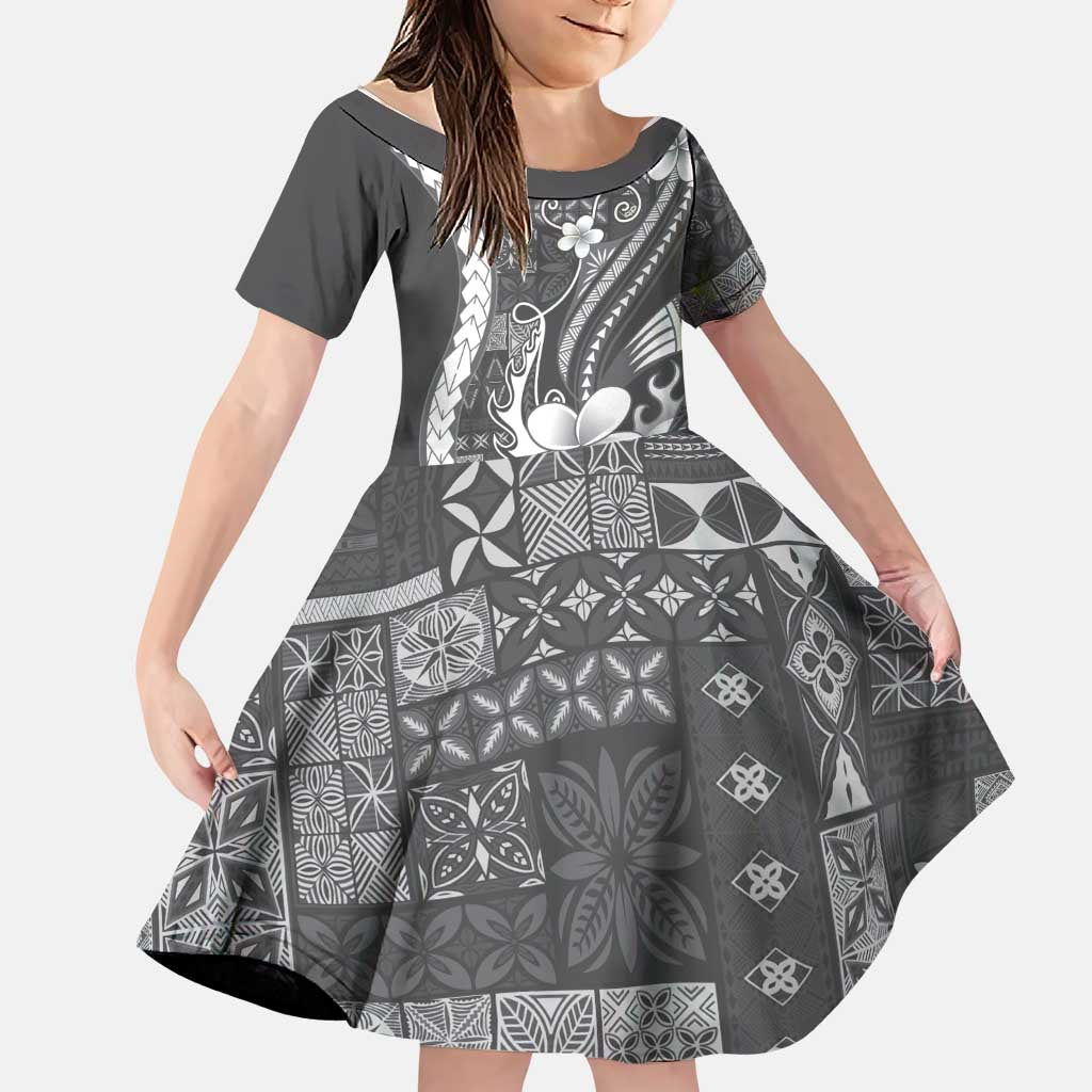 Samoa Siapo Tribal Pattern Family Matching Short Sleeve Bodycon Dress and Hawaiian Shirt Light Gray Polynesian Plumeria Tapa Motif LT9 Daughter's Dress Gray - Polynesian Pride