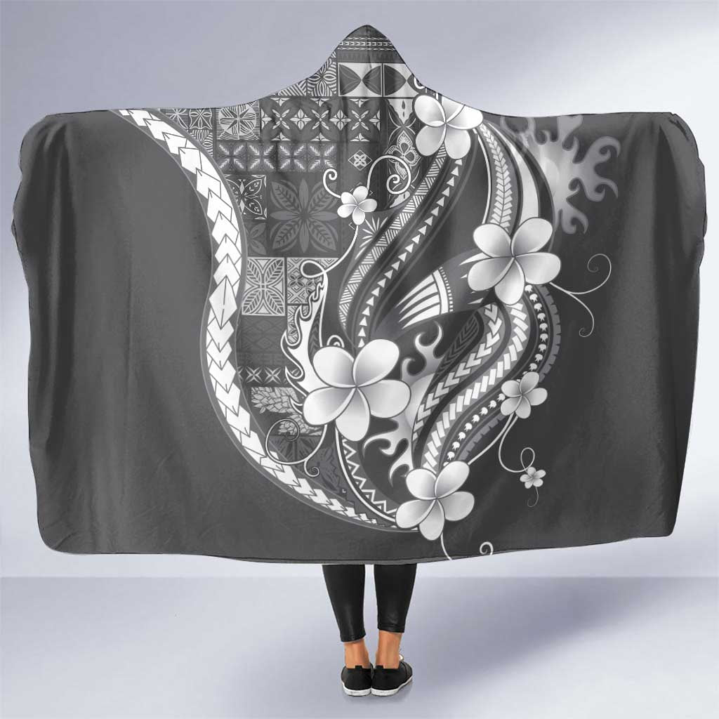Samoa Siapo Tribal Pattern Hooded Blanket Light Gray Polynesian Plumeria Tapa Motif