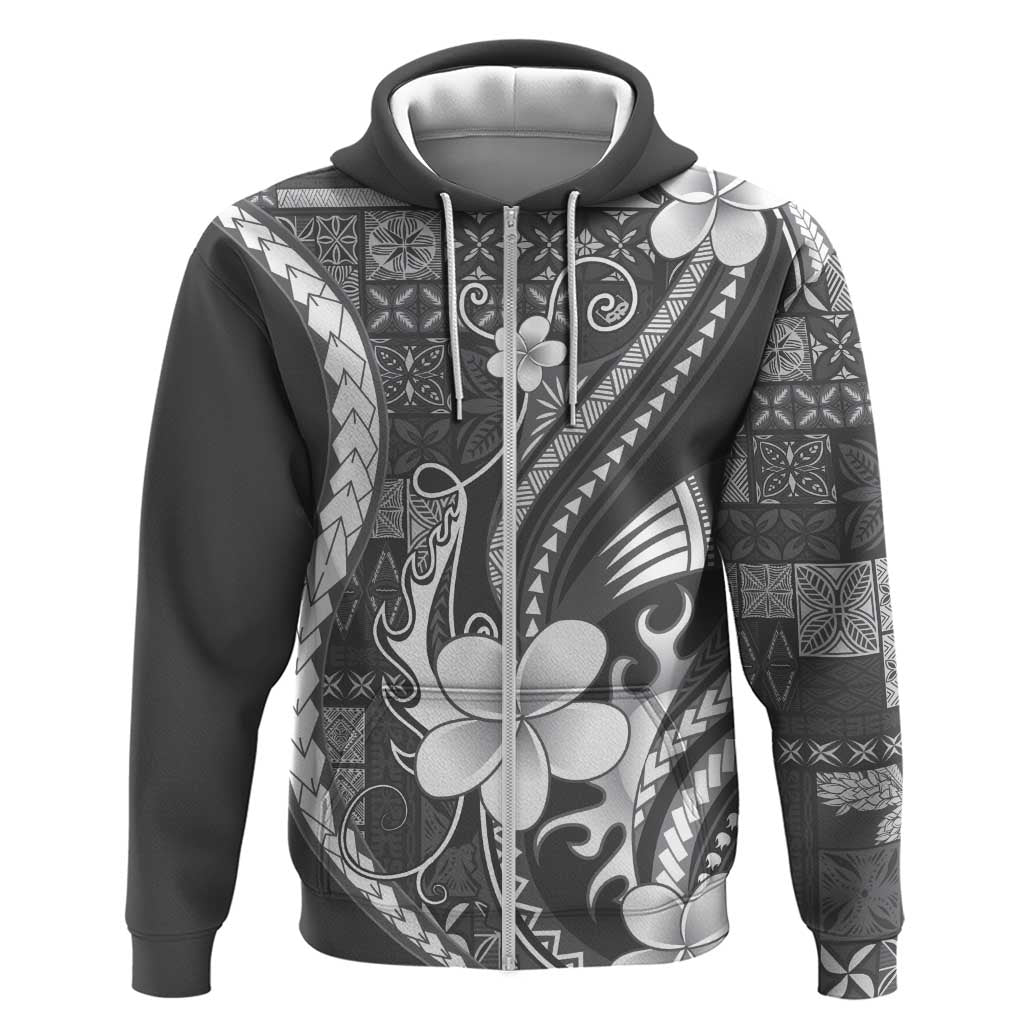 Samoa Siapo Tribal Pattern Hoodie Light Gray Polynesian Plumeria Tapa Motif LT9 Zip Hoodie Gray - Polynesian Pride