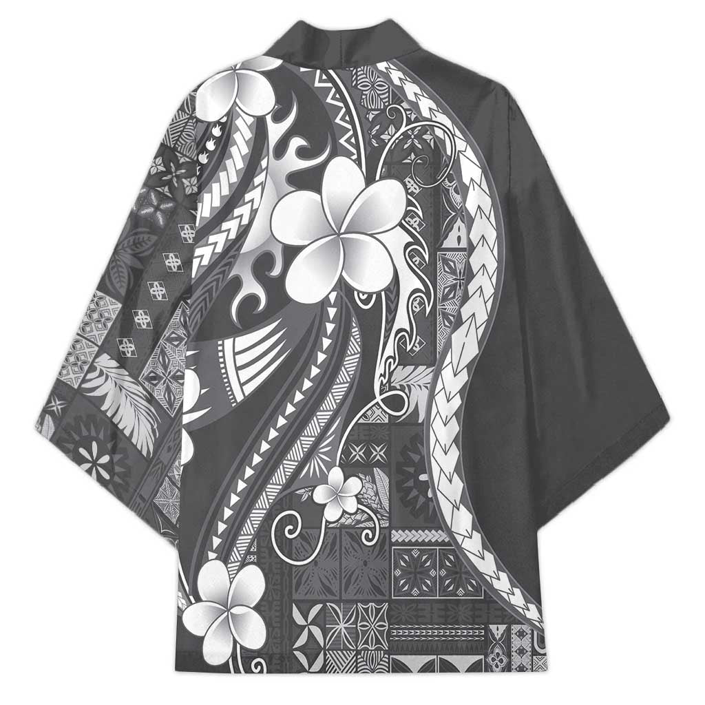 Samoa Siapo Tribal Pattern Kimono Light Gray Polynesian Plumeria Tapa Motif