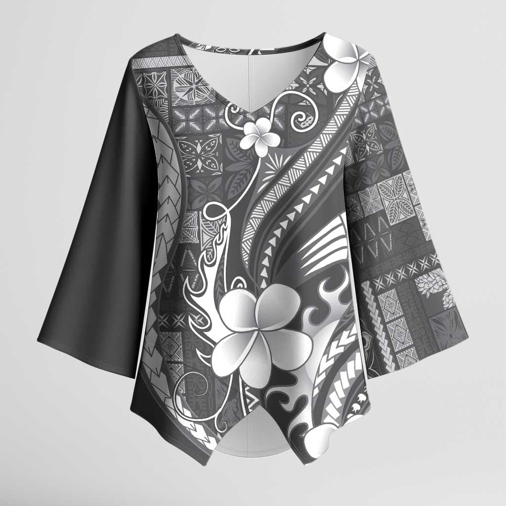 Samoa Siapo Tribal Pattern Kimono Sleeve Blouse Light Gray Polynesian Plumeria Tapa Motif