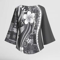 Samoa Siapo Tribal Pattern Kimono Sleeve Blouse Light Gray Polynesian Plumeria Tapa Motif