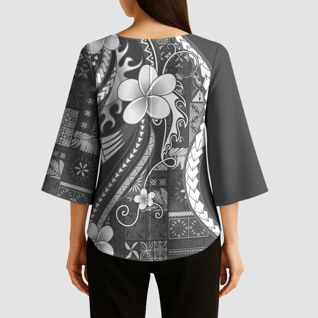 Samoa Siapo Tribal Pattern Kimono Sleeve Blouse Light Gray Polynesian Plumeria Tapa Motif