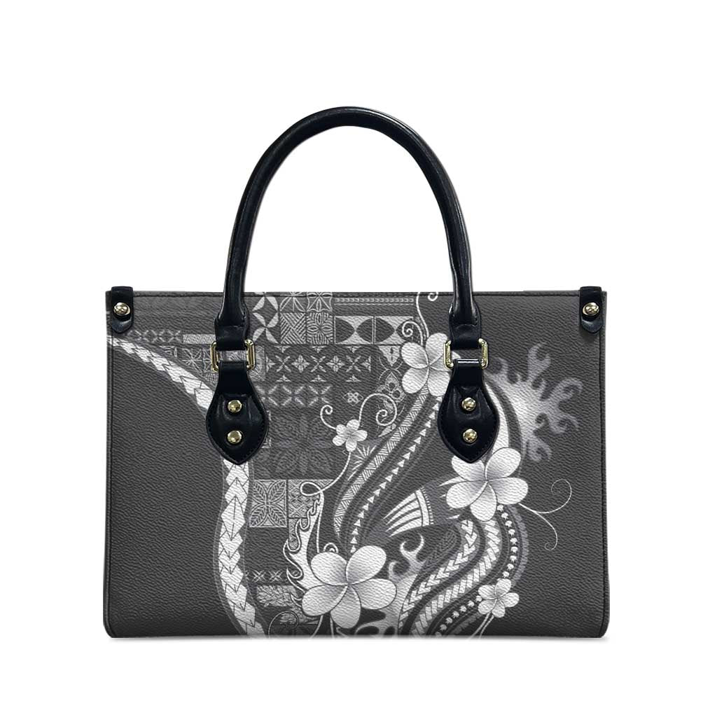 Samoa Siapo Tribal Pattern Leather Bag Light Gray Polynesian Plumeria Tapa Motif