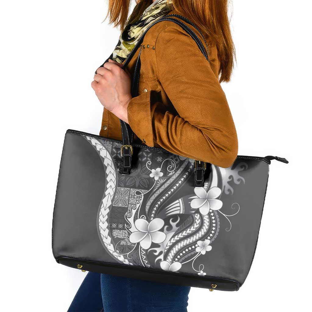 Samoa Siapo Tribal Pattern Leather Tote Bag Light Gray Polynesian Plumeria Tapa Motif