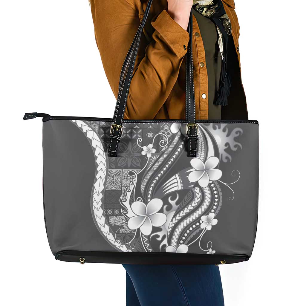 Samoa Siapo Tribal Pattern Leather Tote Bag Light Gray Polynesian Plumeria Tapa Motif