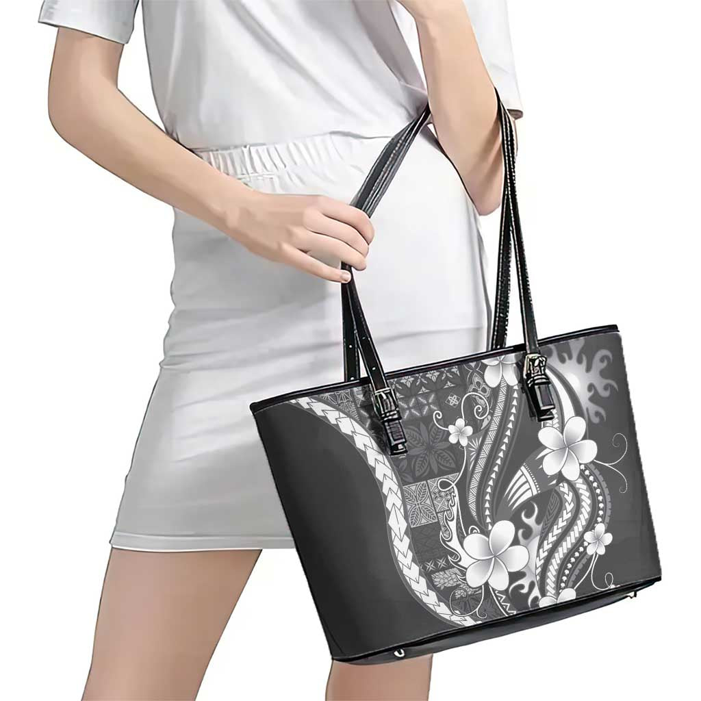 Samoa Siapo Tribal Pattern Leather Tote Bag Light Gray Polynesian Plumeria Tapa Motif