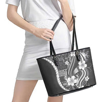 Samoa Siapo Tribal Pattern Leather Tote Bag Light Gray Polynesian Plumeria Tapa Motif