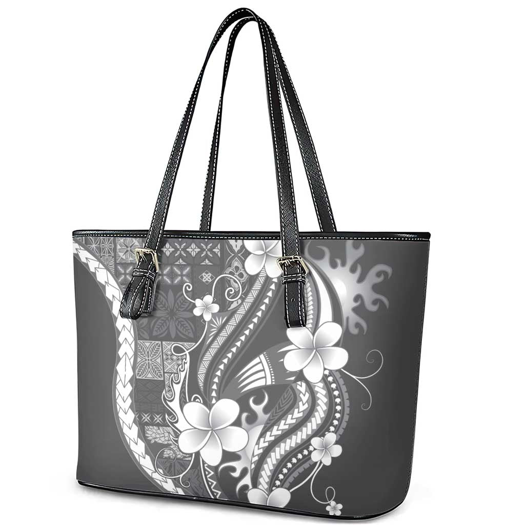 Samoa Siapo Tribal Pattern Leather Tote Bag Light Gray Polynesian Plumeria Tapa Motif