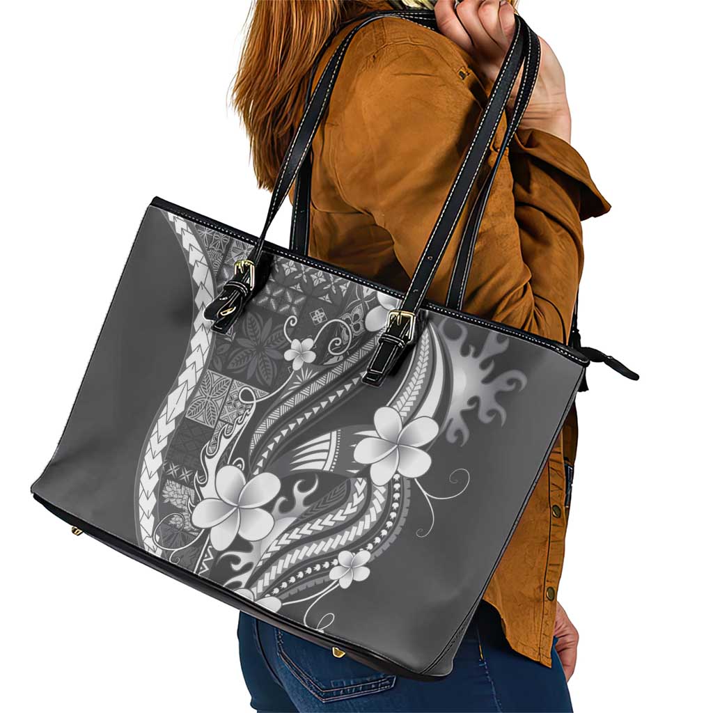 Samoa Siapo Tribal Pattern Leather Tote Bag Light Gray Polynesian Plumeria Tapa Motif