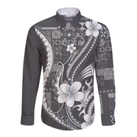 Samoa Siapo Tribal Pattern Long Sleeve Button Shirt Light Gray Polynesian Plumeria Tapa Motif