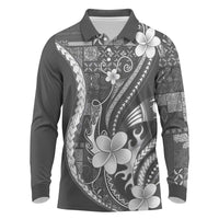Samoa Siapo Tribal Pattern Long Sleeve Polo Shirt Light Gray Polynesian Plumeria Tapa Motif