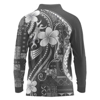 Samoa Siapo Tribal Pattern Long Sleeve Polo Shirt Light Gray Polynesian Plumeria Tapa Motif
