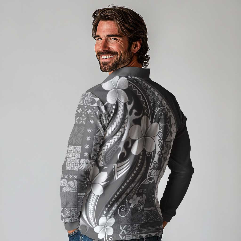 Samoa Siapo Tribal Pattern Long Sleeve Polo Shirt Light Gray Polynesian Plumeria Tapa Motif