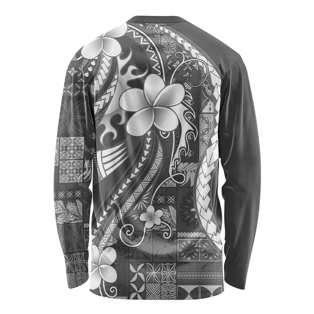 Samoa Siapo Tribal Pattern Long Sleeve Shirt Light Gray Polynesian Plumeria Tapa Motif