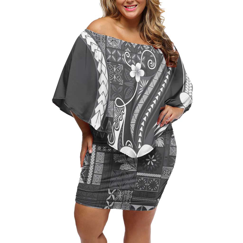 Samoa Siapo Tribal Pattern Off Shoulder Short Dress Light Gray Polynesian Plumeria Tapa Motif
