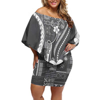 Samoa Siapo Tribal Pattern Off Shoulder Short Dress Light Gray Polynesian Plumeria Tapa Motif
