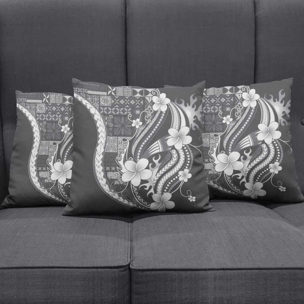 Samoa Siapo Tribal Pattern Pillow Cover Light Gray Polynesian Plumeria Tapa Motif