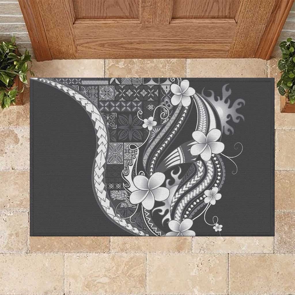 Samoa Siapo Tribal Pattern Rubber Doormat Light Gray Polynesian Plumeria Tapa Motif