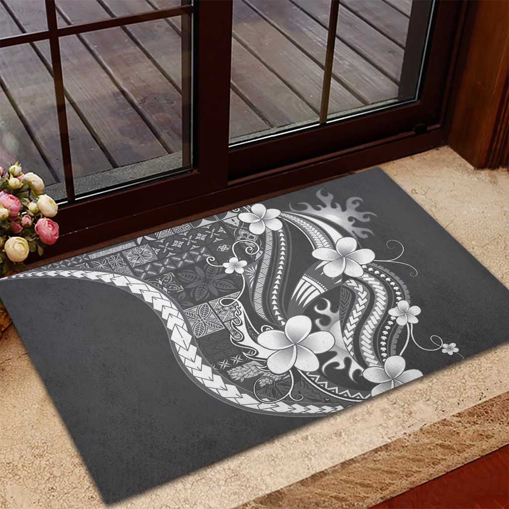Samoa Siapo Tribal Pattern Rubber Doormat Light Gray Polynesian Plumeria Tapa Motif