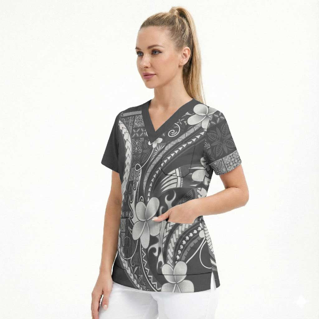 Samoa Siapo Tribal Pattern Scrub Top Light Gray Polynesian Plumeria Tapa Motif