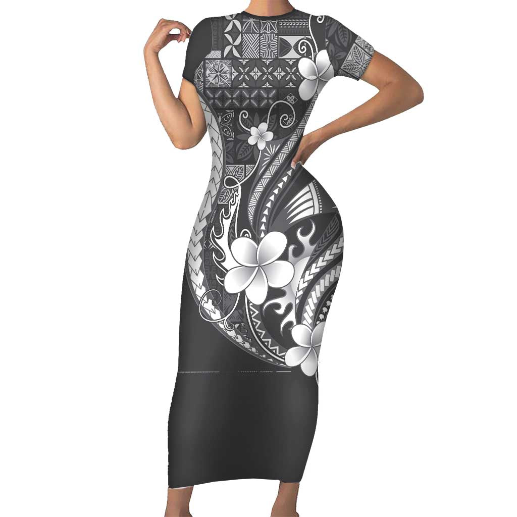 Samoa Siapo Tribal Pattern Short Sleeve Bodycon Dress Light Gray Polynesian Plumeria Tapa Motif
