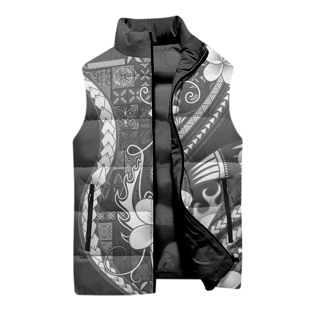 Samoa Siapo Tribal Pattern Sleeveless Puffer Jacket Light Gray Polynesian Plumeria Tapa Motif