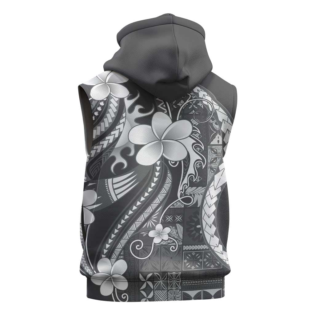 Samoa Siapo Tribal Pattern Sleeveless Zip Hoodie Light Gray Polynesian Plumeria Tapa Motif