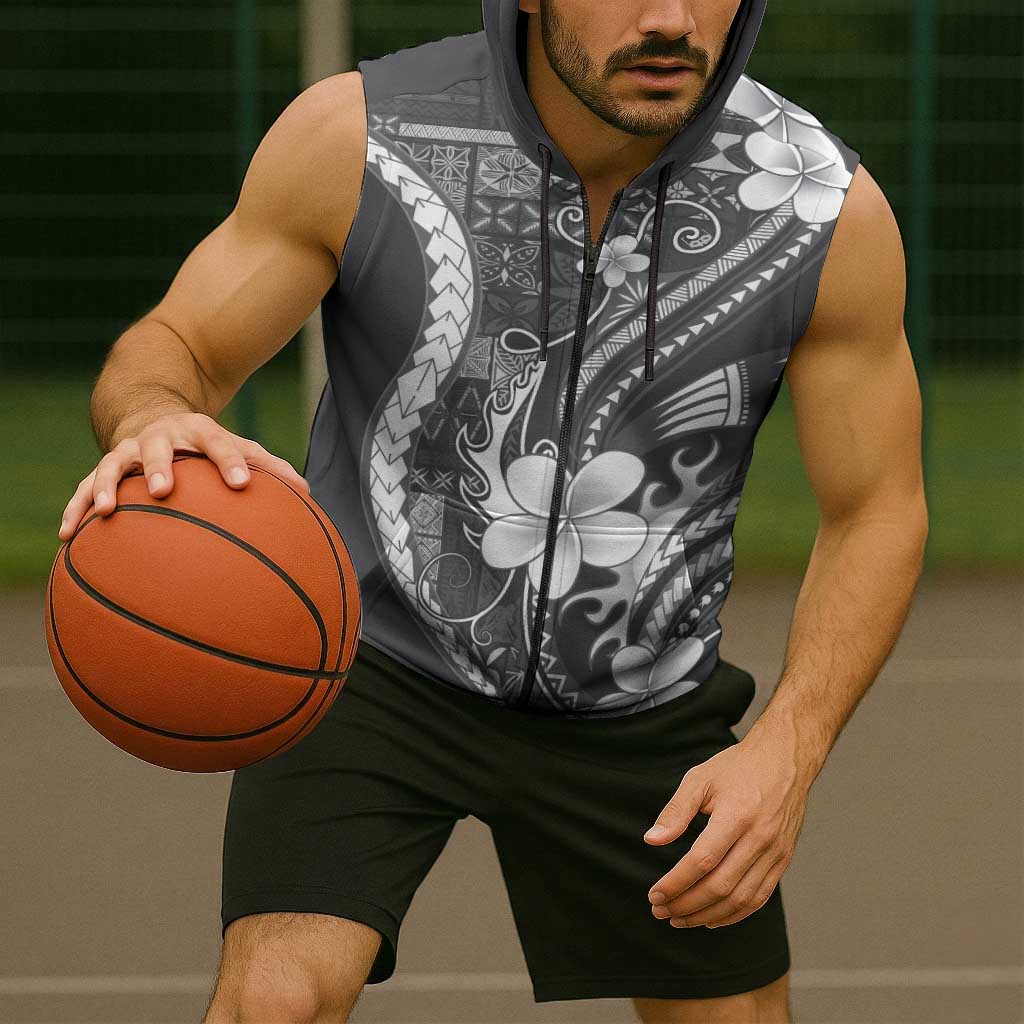 Samoa Siapo Tribal Pattern Sleeveless Zip Hoodie Light Gray Polynesian Plumeria Tapa Motif