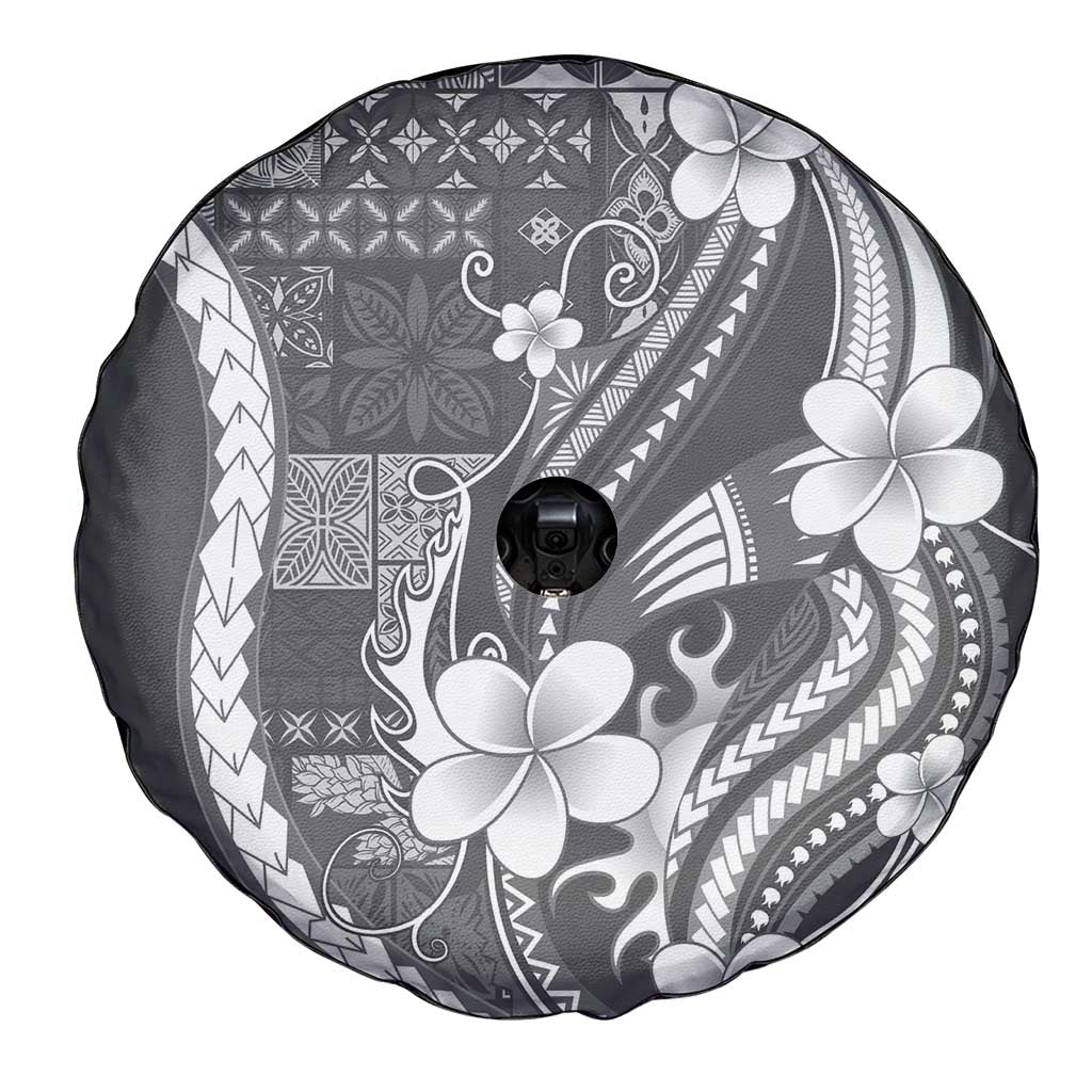 Samoa Siapo Tribal Pattern Spare Tire Cover Light Gray Polynesian Plumeria Tapa Motif