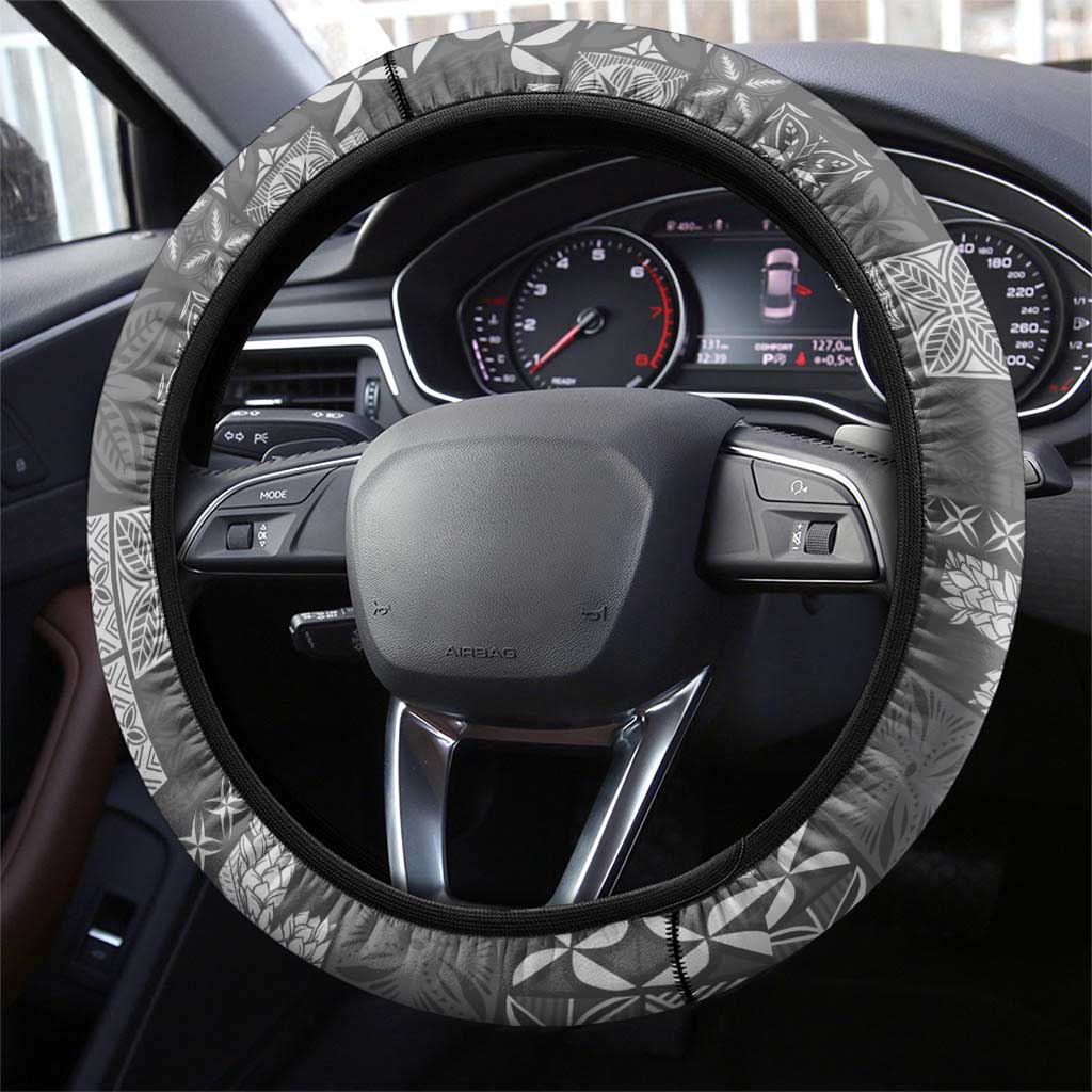 Samoa Siapo Tribal Pattern Steering Wheel Cover Light Gray Polynesian Plumeria Tapa Motif
