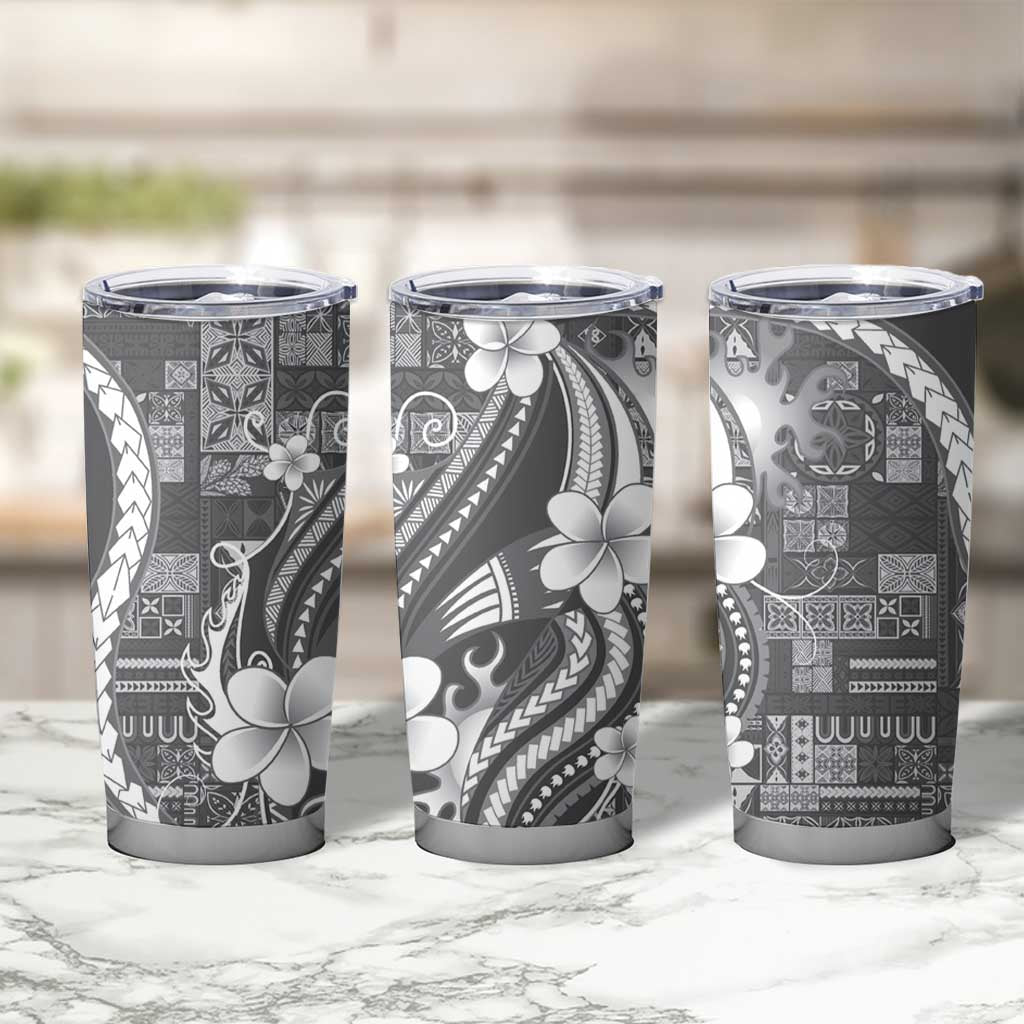 Samoa Siapo Tribal Pattern Tumbler Cup Light Gray Polynesian Plumeria Tapa Motif