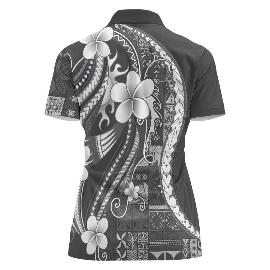 Samoa Siapo Tribal Pattern Women Polo Shirt Light Gray Polynesian Plumeria Tapa Motif