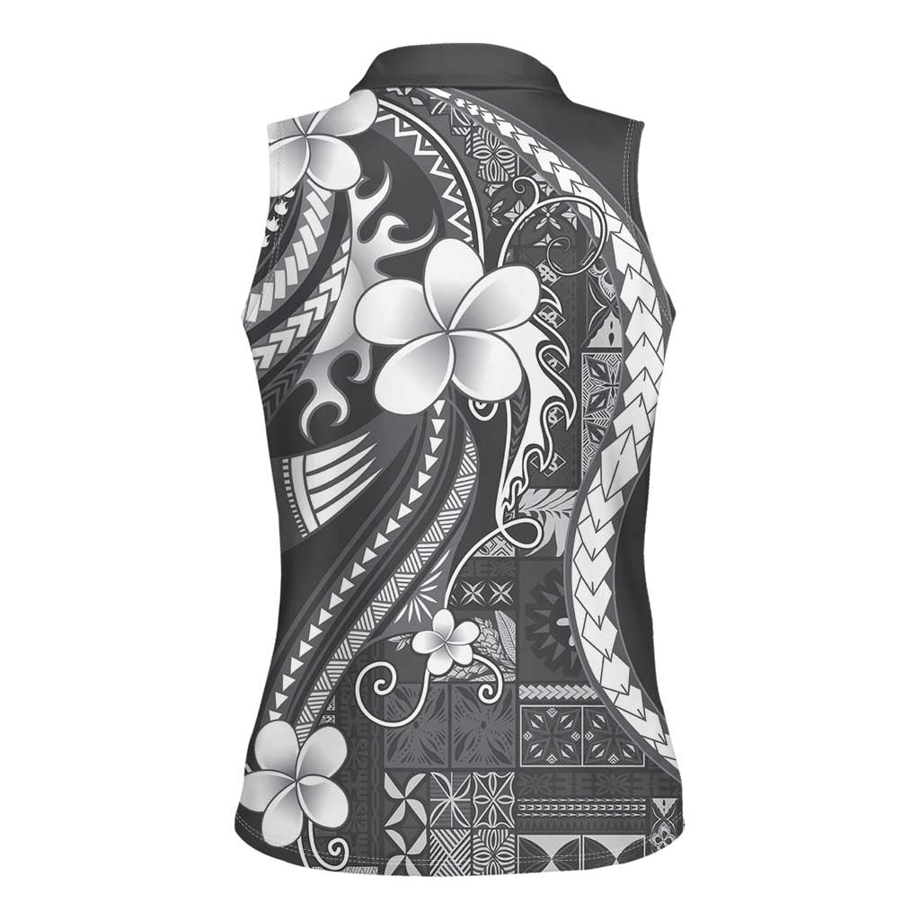 Samoa Siapo Tribal Pattern Women Sleeveless Polo Shirt Light Gray Polynesian Plumeria Tapa Motif