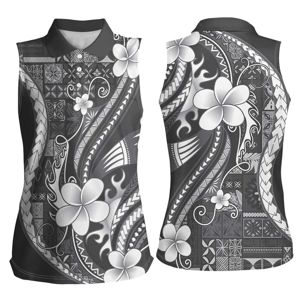 Samoa Siapo Tribal Pattern Women Sleeveless Polo Shirt Light Gray Polynesian Plumeria Tapa Motif