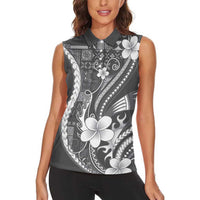 Samoa Siapo Tribal Pattern Women Sleeveless Polo Shirt Light Gray Polynesian Plumeria Tapa Motif