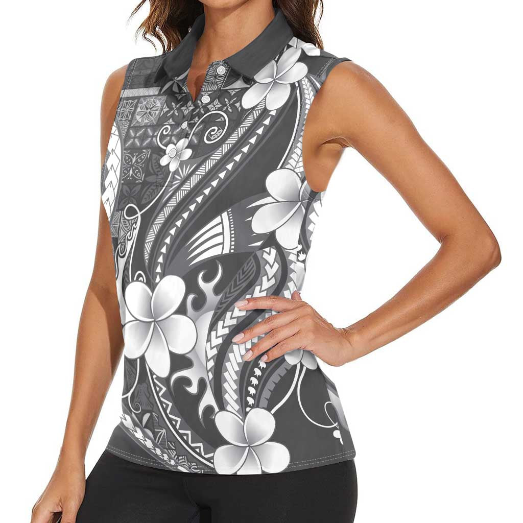 Samoa Siapo Tribal Pattern Women Sleeveless Polo Shirt Light Gray Polynesian Plumeria Tapa Motif