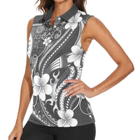 Samoa Siapo Tribal Pattern Women Sleeveless Polo Shirt Light Gray Polynesian Plumeria Tapa Motif