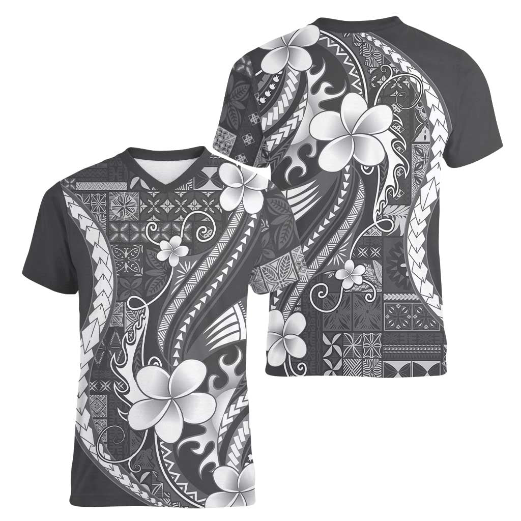 Samoa Siapo Tribal Pattern Women V-Neck T-Shirt Light Gray Polynesian Plumeria Tapa Motif
