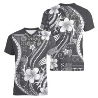 Samoa Siapo Tribal Pattern Women V-Neck T-Shirt Light Gray Polynesian Plumeria Tapa Motif