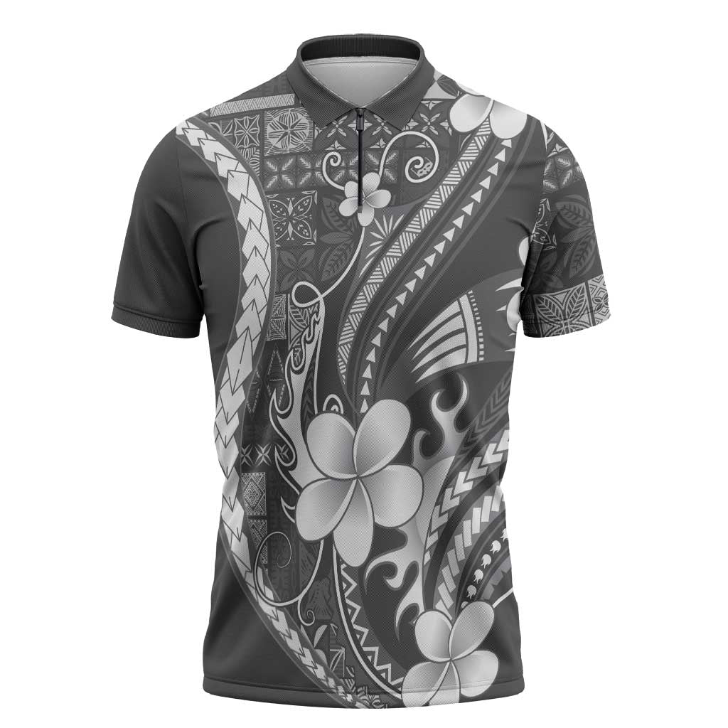 Samoa Siapo Tribal Pattern Zipper Polo Shirt Light Gray Polynesian Plumeria Tapa Motif