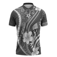 Samoa Siapo Tribal Pattern Zipper Polo Shirt Light Gray Polynesian Plumeria Tapa Motif