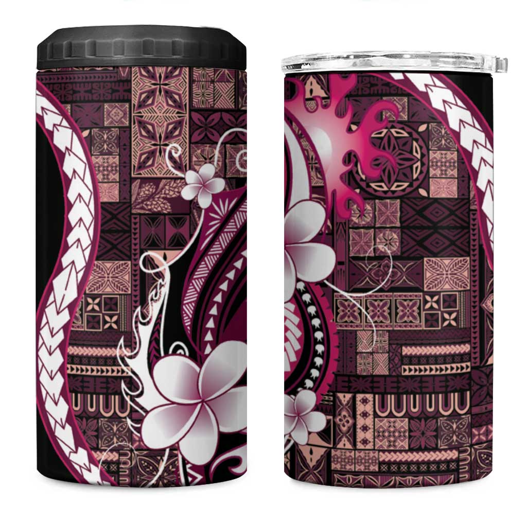Samoa Siapo Tribal Pattern 4 in 1 Can Cooler Tumbler Violet Polynesian Plumeria Tapa Motif