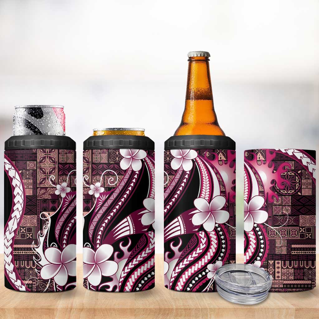 Samoa Siapo Tribal Pattern 4 in 1 Can Cooler Tumbler Violet Polynesian Plumeria Tapa Motif