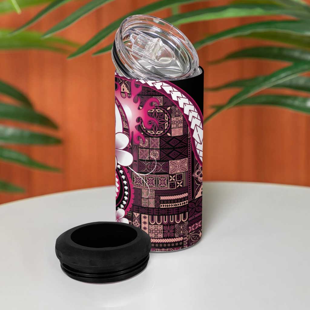 Samoa Siapo Tribal Pattern 4 in 1 Can Cooler Tumbler Violet Polynesian Plumeria Tapa Motif