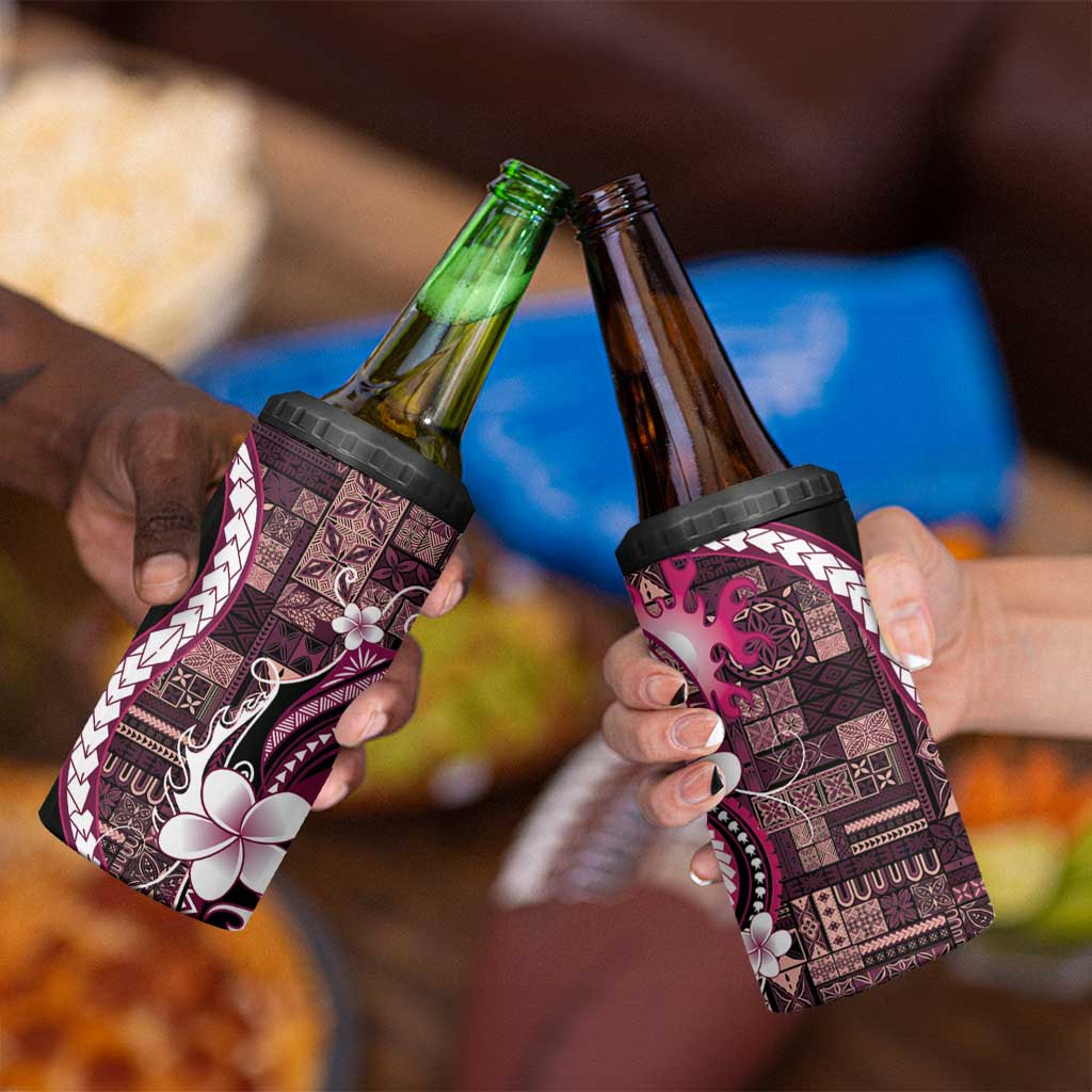 Samoa Siapo Tribal Pattern 4 in 1 Can Cooler Tumbler Violet Polynesian Plumeria Tapa Motif