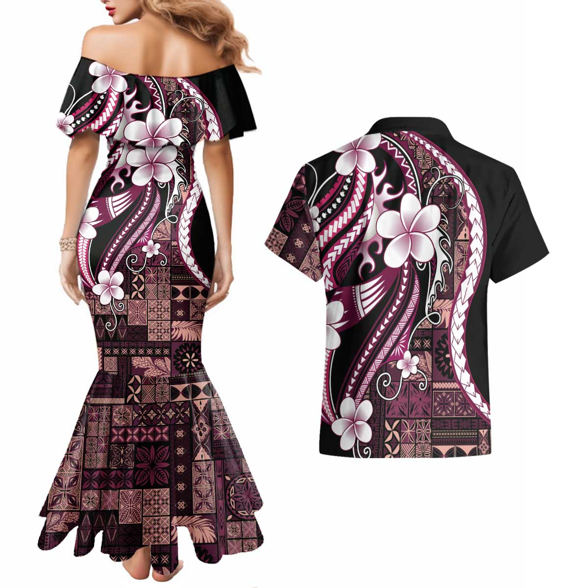 Samoa Siapo Tribal Pattern Couples Matching Mermaid Dress and Hawaiian Shirt Violet Polynesian Plumeria Tapa Motif